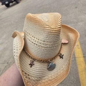 Beige Straw Cowboy Hat with Starfish and Shell Accents